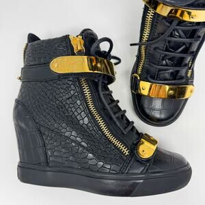 NWOT GIUSEPPE ZANOTTI Lorenz Leather Wedge Sneakers Black Gold